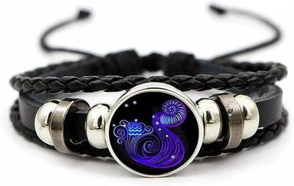 Zodiac Black Leather Bracelet Adjustable