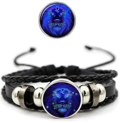 Zodiac Black Leather Bracelet Adjustable